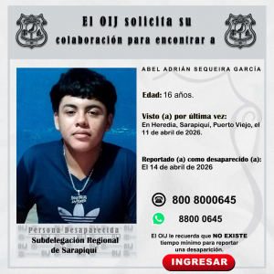 Desaparecido OIJ Sarapiquí: Abel Adrián Sequeria García