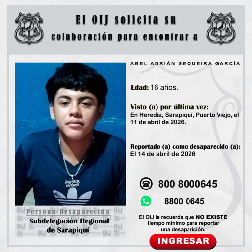 Desaparecido OIJ Sarapiquí: Abel Adrián Sequeria García