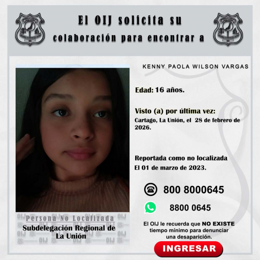 No localizada OIJ La Unión: Kenny Paola Wilson Vargas