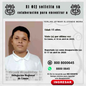 Desaparecido OIJ Limón: Yerlan Jeymar Elizondo Mora