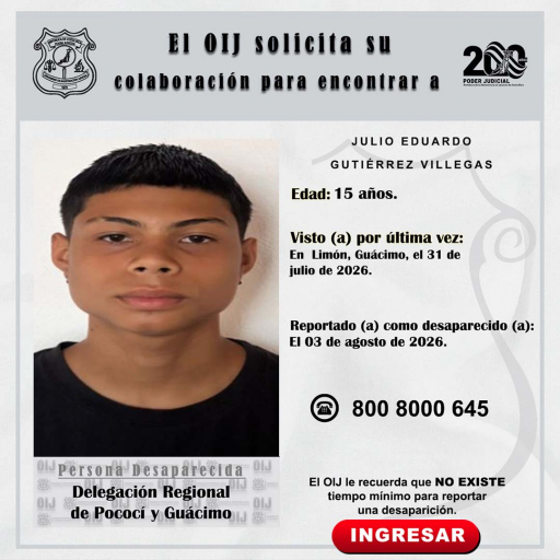 Desaparecido OIJ Pococí y Guácimo: Julio Eduardo Gutiérrez Villegas