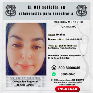 Desaparecida OIJ San Carlos: Melissa Montero Camacho