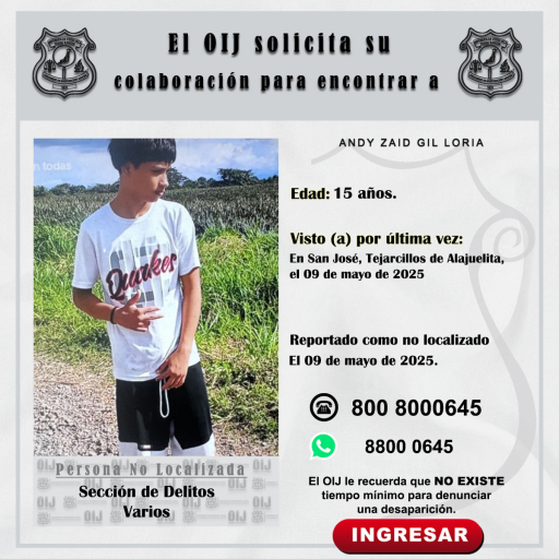 No localizado OIJ San José: Andy Zaid Gil Loria