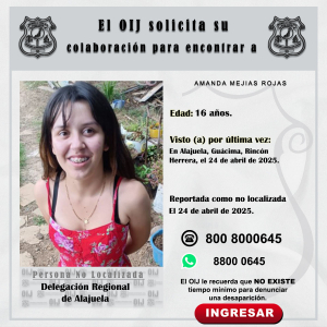 No localizado OIJ Alajuela: Amanda Mejías Rojas