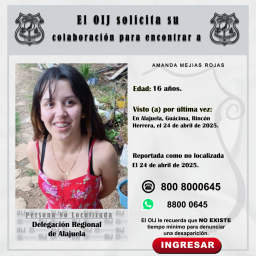 No localizado OIJ Alajuela: Amanda Mejías Rojas