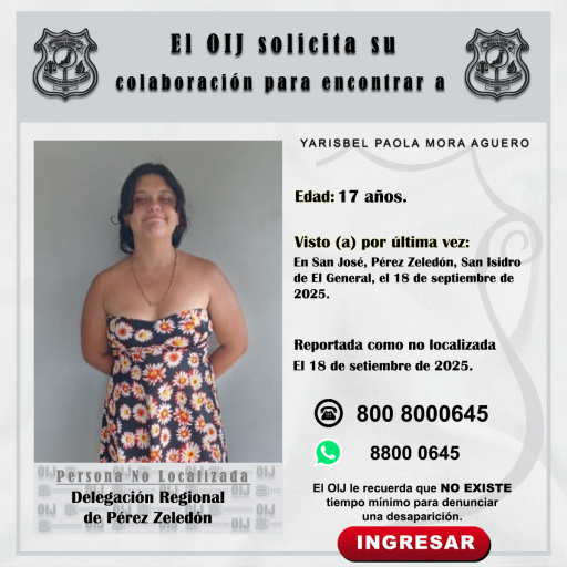 No localizada OIJ Pérez Zeledón: Yarisbel Paola Mora Aguero