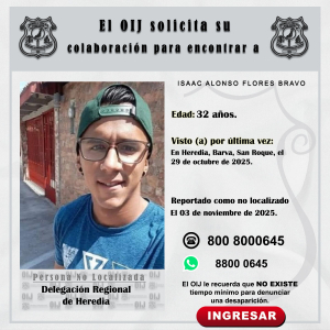 No localizado OIJ Heredia: Isaac Alonso Flores Bravo