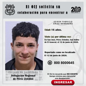 No localizado OIJ Pérez Zeledón: Jeison Fabricio Arias Membreño
