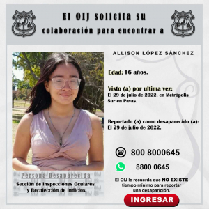 Desaparecida OIJ San José: Allison López Sánchez
