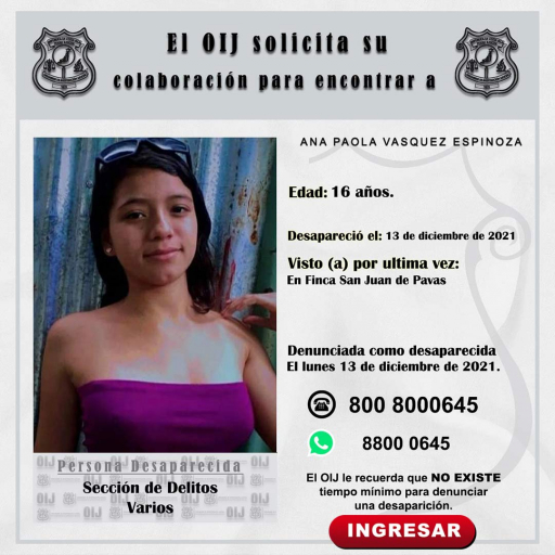 Desaparecida OIJ San José: Ana Paola Vásquez Espinoza