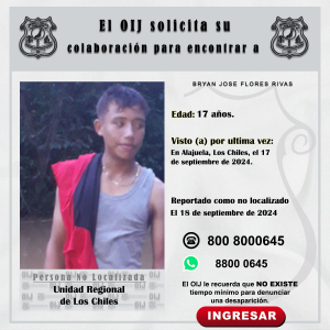 No localizado OIJ Los Chiles: Bryan José Flores Rivas