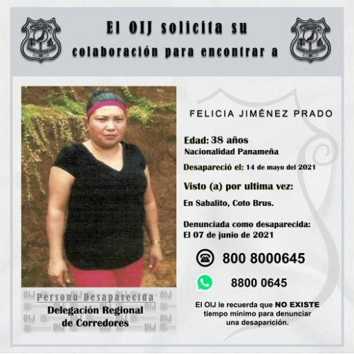 Desaparecida OIJ Corredores: Felicia Jiménez Prado