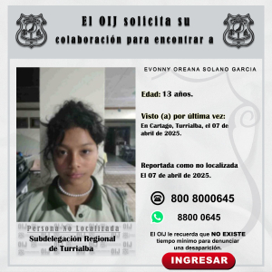 No localizada OIJ Turrialba: Evonny Oreana Solano Garcia