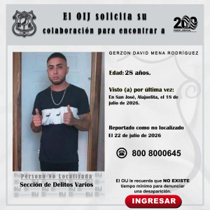 No localizado OIJ San José: Gerzon David Mena Rodríguez