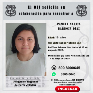 No localizada OIJ Pérez Zeledón: Pamela Marita Barboza Diaz
