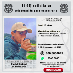 No localizado OIJ Monteverde: Ludwing Stanley Espinoza Masís