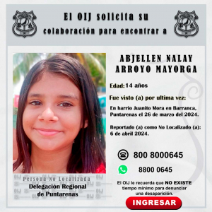 No localizada OIJ Puntarenas: Abjellen Nalay Arroyo Mayorga