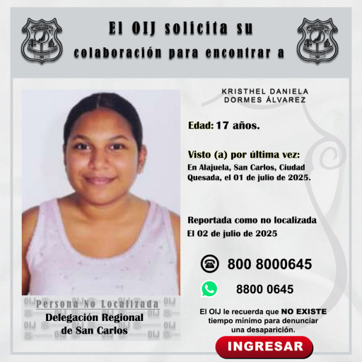 No localizada OIJ San Carlos: Kristhel Daniela Dormes Álvarez