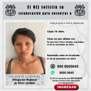 No localizada OIJ Pérez Zeledón: Karla Paola Ortíz Morales