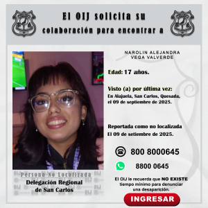 No localizada OIJ San Carlos: Narolin Alejandra Vega Valverde
