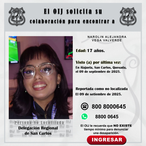 No localizada OIJ San Carlos: Narolin Alejandra Vega Valverde