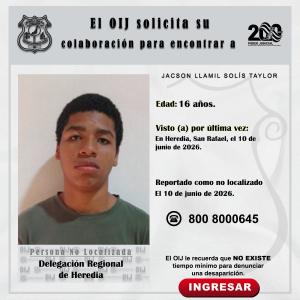No localizado OIJ Heredia: Jacson Llamil Solís Taylor