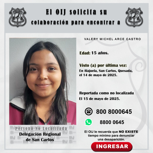 No localizada OIJ San Carlos: Valery Michel Arce Castro