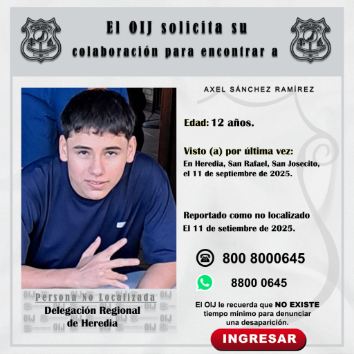 No localizado OIJ Heredia: Alex Sánchez Ramírez