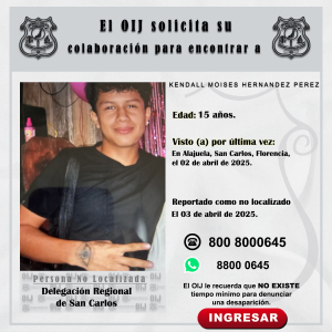 No localizado OIJ San Carlos: Kendall Moises Hernández Pérez