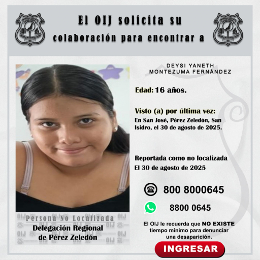 No localizada OIJ Pérez Zeledón: Deysi Yaneth Montezuma Fernández