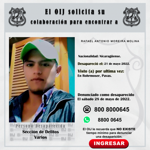 Desaparecido OIJ San José: Rafael Antonio Moreira Molina