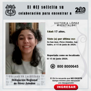 No localizada OIJ Pérez Zeledón: Víctoria López Miesztalski