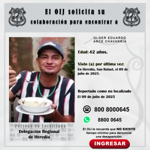 No localizado OIJ Heredia: Olger Eduardo Arce Chavarría