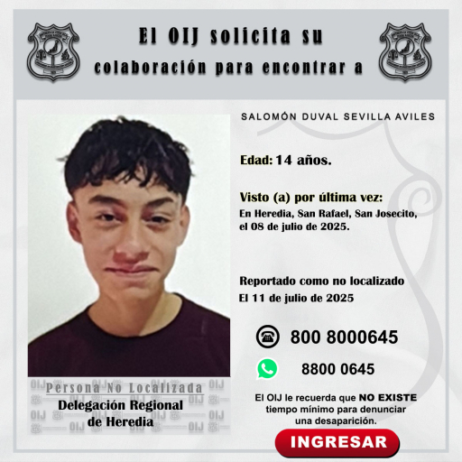 No localizado OIJ Heredia: Salomón Duval Sevilla Áviles