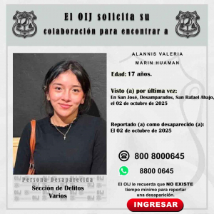 Desaparecida OIJ San José: Alannis Valeria Marín Huaman