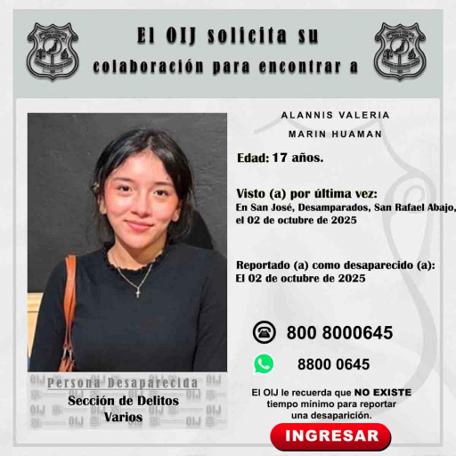 Desaparecida OIJ San José: Alannis Valeria Marín Huaman