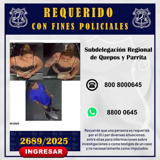 Personas requeridas OIJ Quepos y Parrita: 2689-2025
