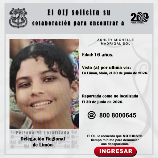No localizada OIJ Limón: Ashley Michelle Madrigal Sol
