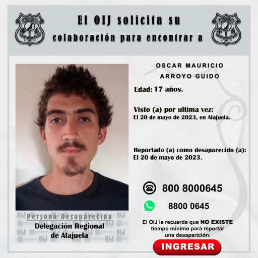 Desaparecido OIJ Alajuela: Oscar Mauricio Arroyo Guido