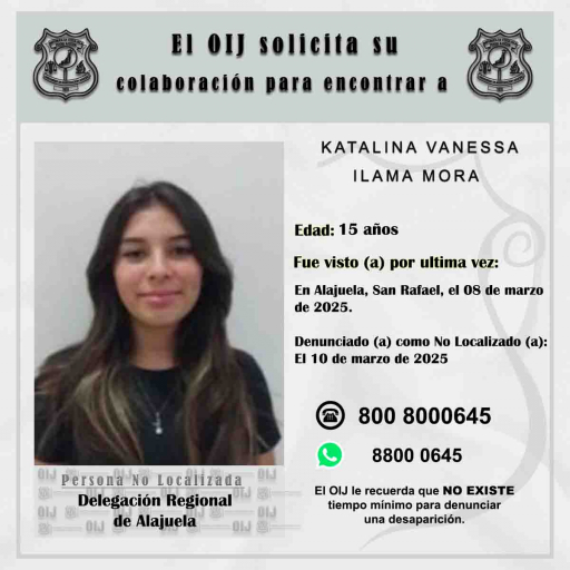 No localizada OIJ Alajuela: Katalina Vanessa Ilama Mora