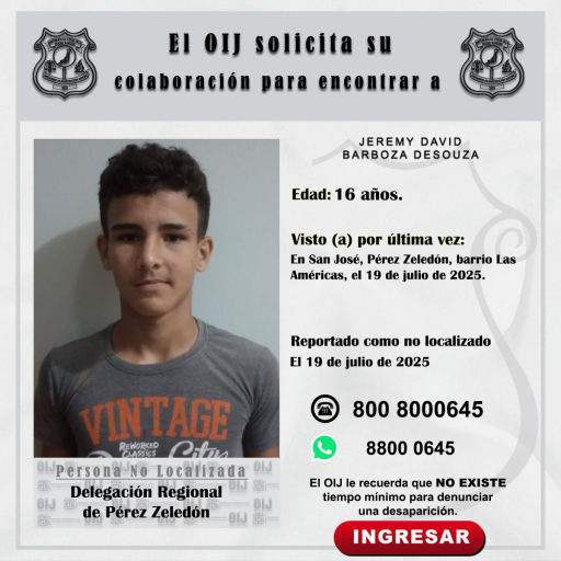 No localizado OIJ Pérez Zeledón: Jeremy David Barboza Desouza