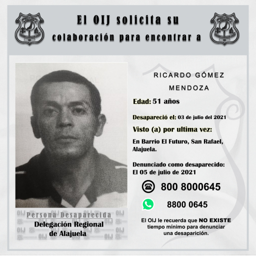 Desaparecido OIJ Alajuela: Ricardo Gómez Mendoza