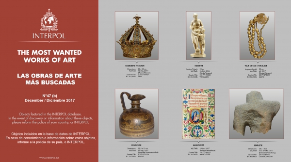 OIJ Oficina Central Nacional INTERPOL – San José: Agentes judiciales buscan seis piezas de arte que fueron robadas en otros países.