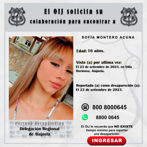 Desaparecida OIJ Alajuela: Sofía Montero Acuna