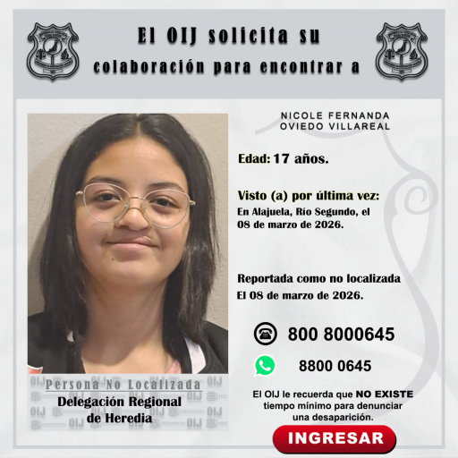 No localizada OIJ Heredia: Nicole Fernanda Oviedo Villareal